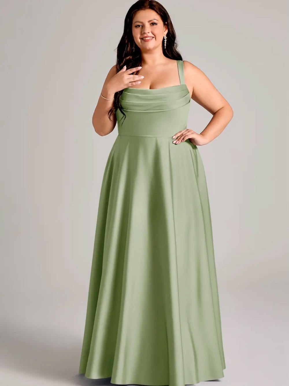 Azazie Shaude Stretch Dusty Sage Green A-Line Pleated Stretch Satin Dress Sz 22